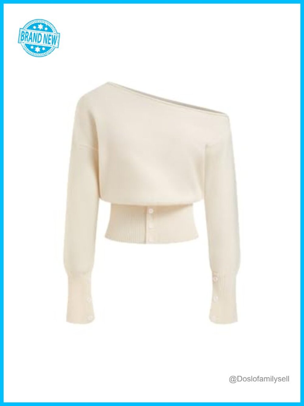 Off The Shoulder Asymmetrical Neck Knit Pullover Sweater Button Detail